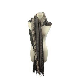 ColdWater Creek Ruffled Gray & Beige Knit Scarf With Fringe